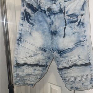 Blue Distressed Denim Shorts with Tie-Dye Effect